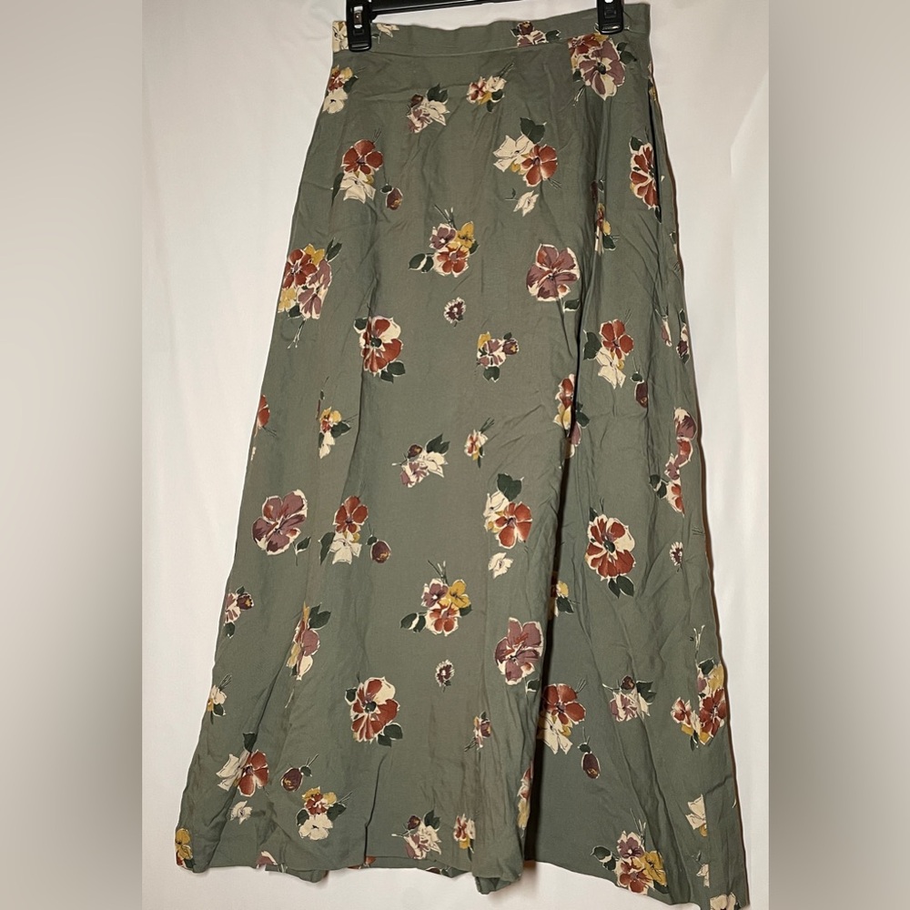Vintage G.H. Bass & Co. Olive Floral Maxi Skirt Pearl Button Small - Picture 2 of 8